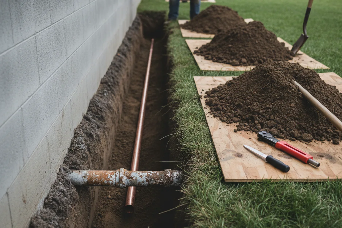 Excavated water line trench during Water Softener Installation in Hoschton